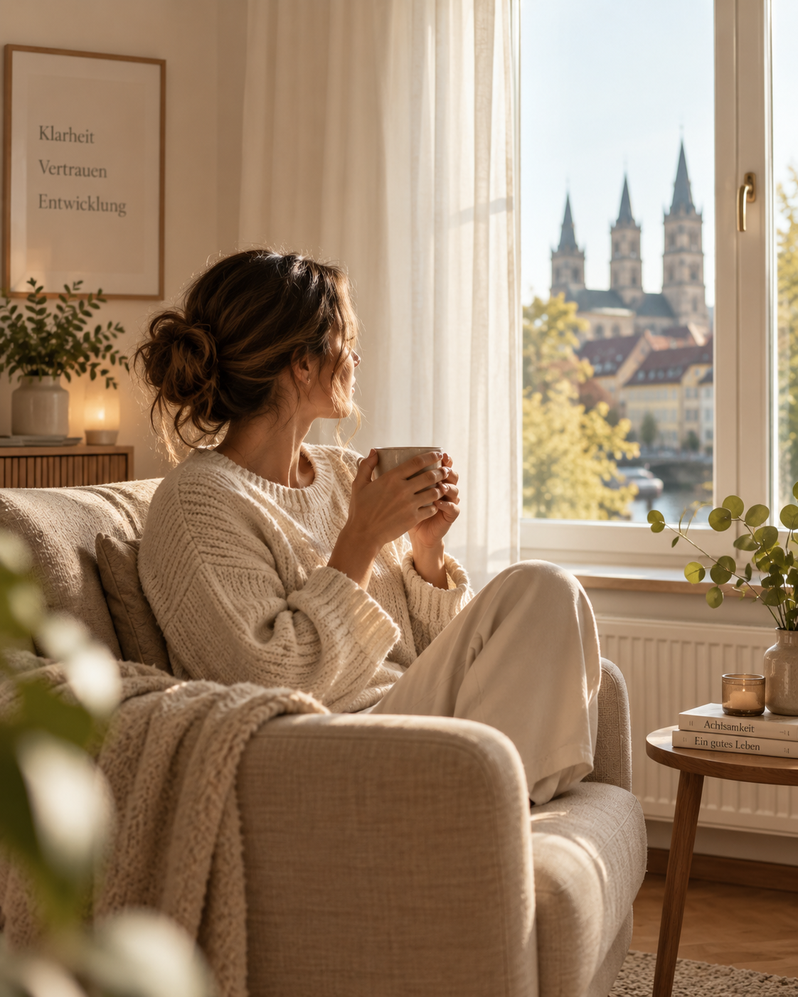 Frau sitzt nachdenklich am Fenster – systemische Einzeltherapie in Bamberg