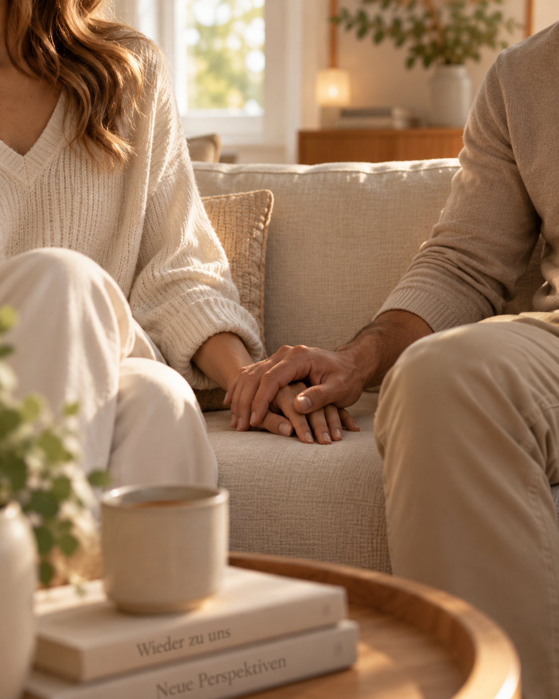 Paar sitzt nebeneinander, Hände berühren sich – systemische Paartherapie in Bamberg