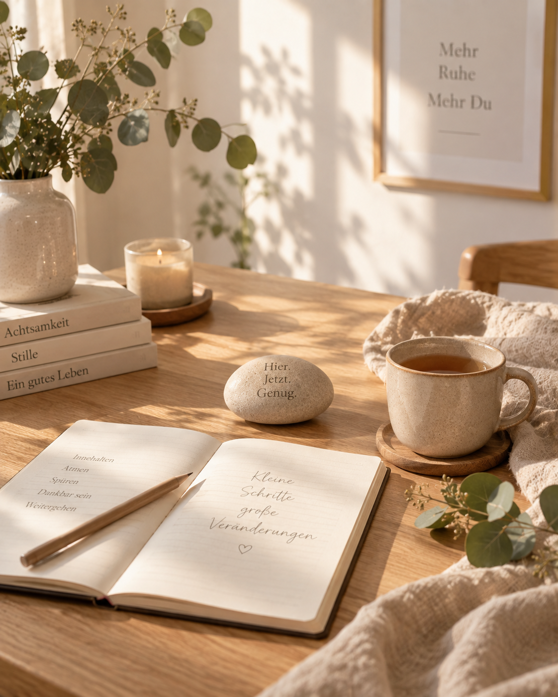 Ruhiges Stillleben mit Notizbuch und Tee – Achtsamkeit und Emotionsregulation